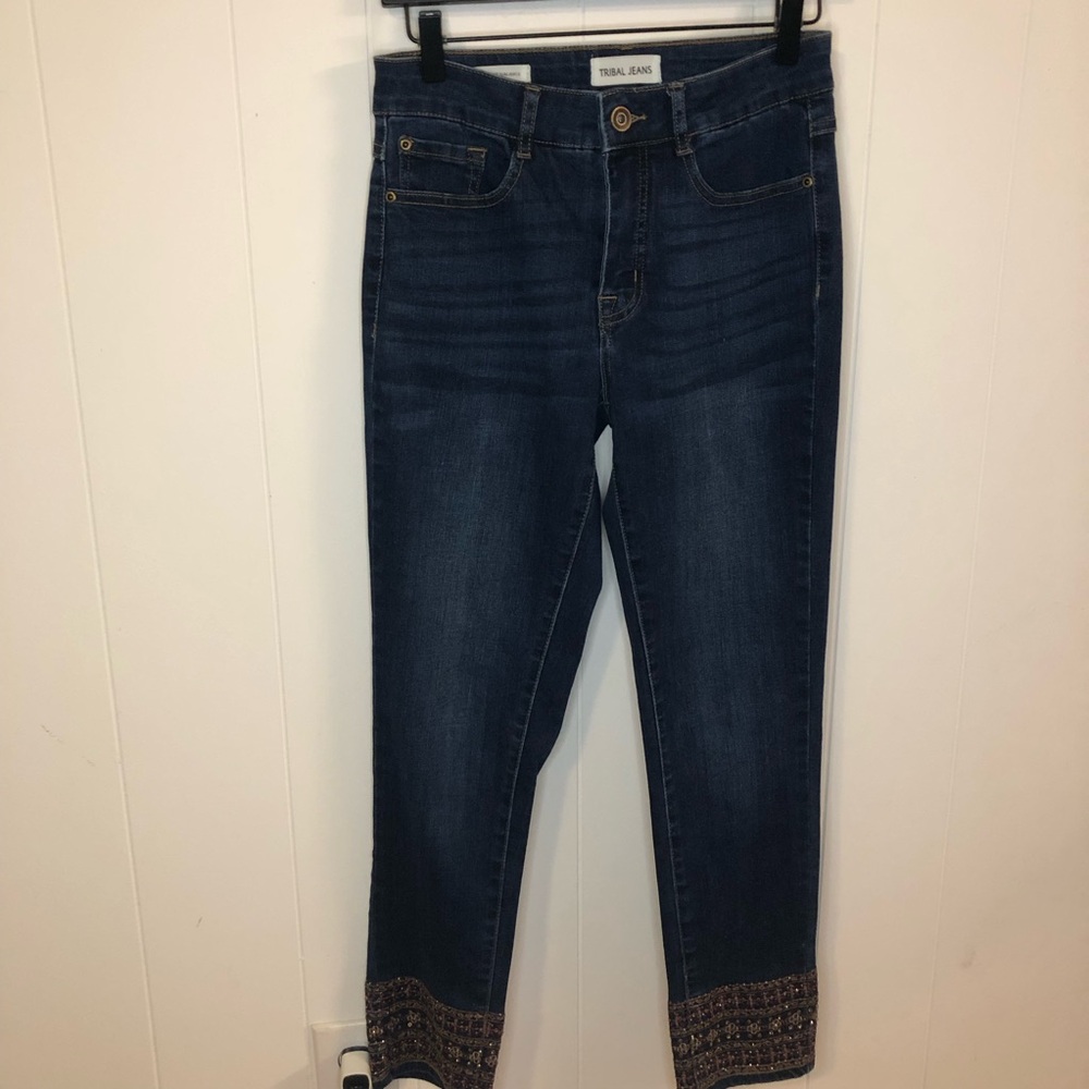 Tribal Jeans Audrey Mid-Rise Dark Blue Slim Ankle with Bejeweled Cuff Size 4